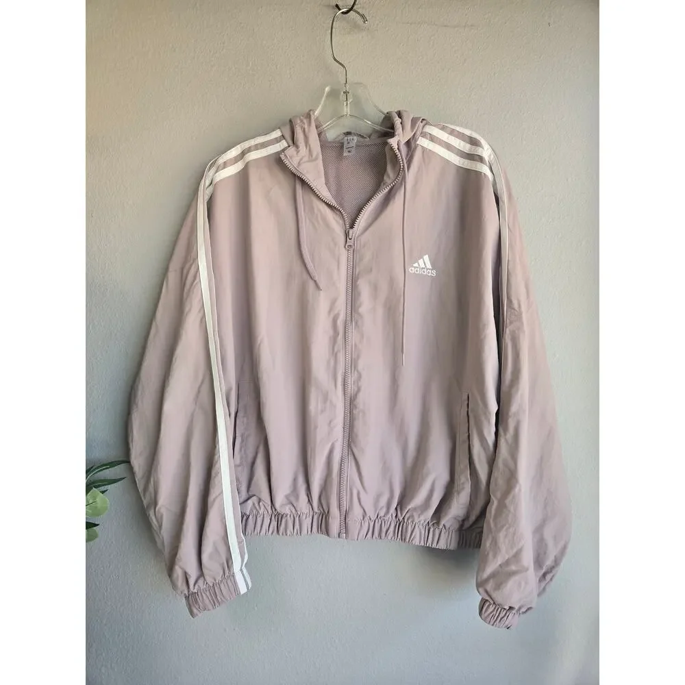 Adidas 3-Stripe Mauve Purple Hooded Windbreaker Jacket Women’s Medium‎